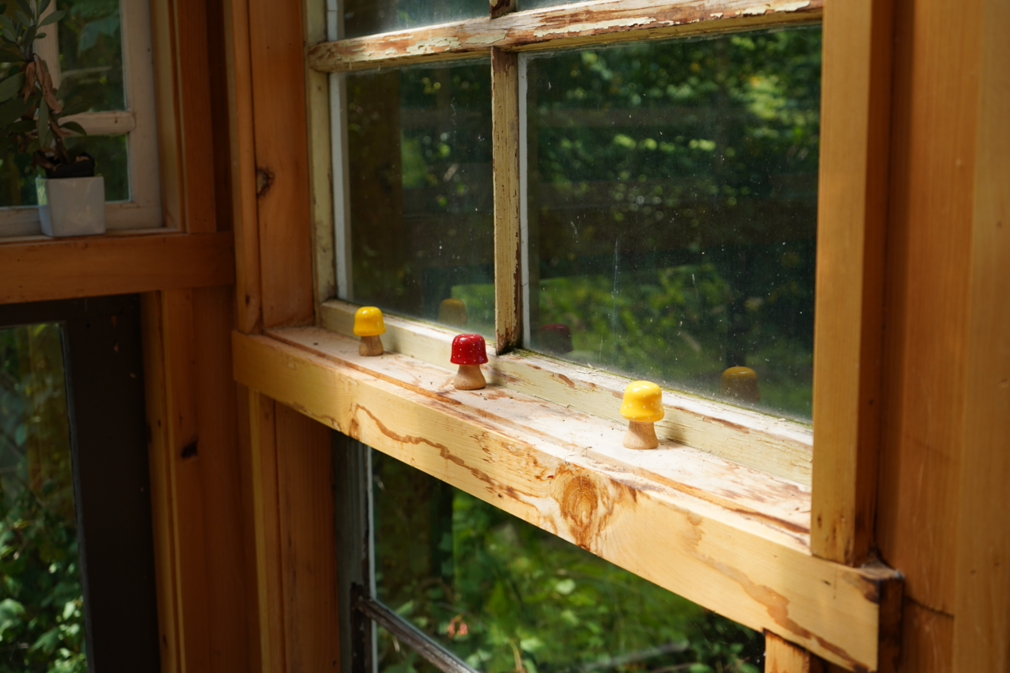 Mushroom figurines on windowsill