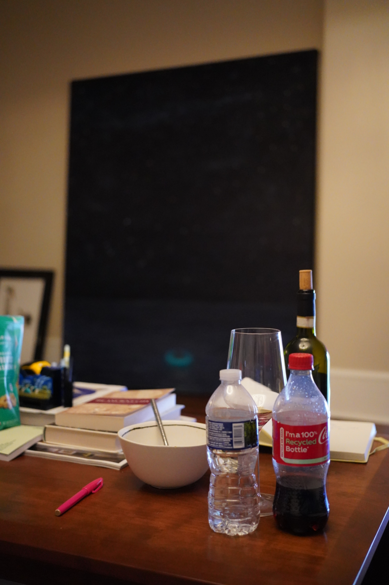 Desk with water bottles